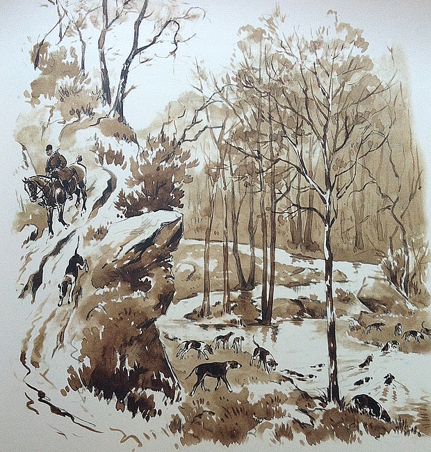En forêt du Vouvant - Equipage de La Baugisière - Illustration tirée de l'ouvrage La Vénerie française contemporaine (1914) - Le Goupy (Paris)